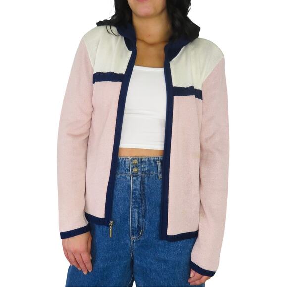 1980s Vintage Pastel Pink Color Block Zipper Knit Sweater Small - Picture 1 of 7